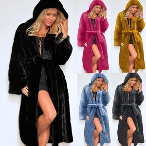 Women Faux Fur Coat Hooded Long Plush Overcoat With Waist Belt Thick Warm Winter Jacket Elegant Streetwear Outwear