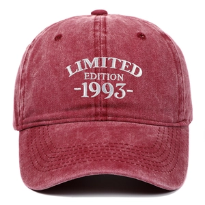 Dettaglio del ricamo bianco Limited Edition 1993 su cappello in cotone lavato bordeaux