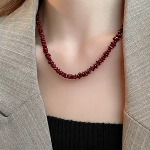 Dark Red Crushed Stone Beaded Necklace Irregular Gemstone Vintage Versatile Sweater Chain For Women Jewelry
