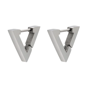 Detailed view of silver geometric triangle earrings with brushed metal finish and V-shape