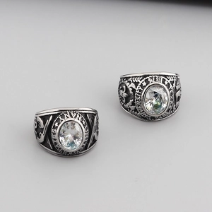 Men's vintage United States Navy stainless steel ring with blue zircon and eagle carving