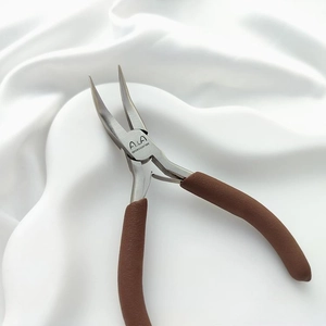 Close-up of high-quality stainless steel bent nose pliers with brown non-slip handles