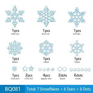 Macro detail of various snowflake and star glass stickers with specific size dimensions