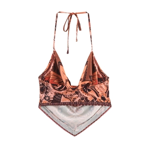 Detail of red paisley satin halter top with elegant neck tie for summer sets