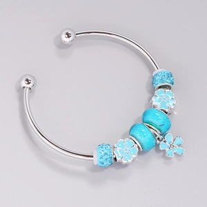 DIY Charm Bangle Alloy Colored Glaze Beaded Open Bracelet With Daisy Heart Snowflake Feather Charms For Women