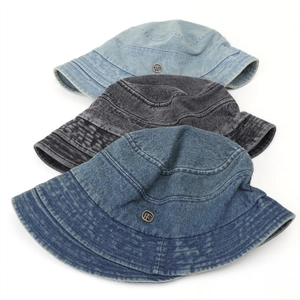 Vintage washed denim bucket hats in three colors with metallic logo detailing