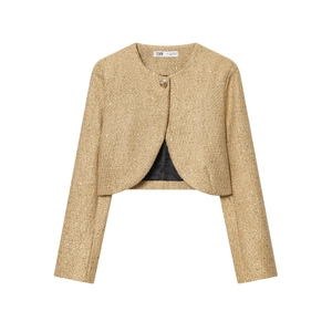 Giacca Corta In Tweed Con Paillettes Dorate Elegante Girocollo Bottone Singolo Manica Lunga Cappotto Lusso Donna