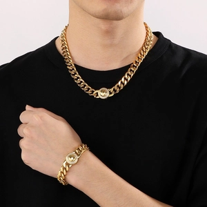 Men's 11mm gold Cuban chain necklace and bracelet set with CNC crystal paved pendants