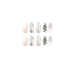 Pink gradient press-on nails with silver metal flame chains and 3D snake design
