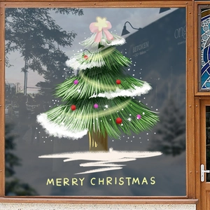 Grüner Weihnachtsbaum-Fensteraufkleber mit Ornamenten und Merry Christmas Text
