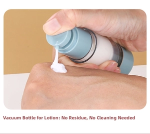 Close-up of dispensing lotion from a blue vacuum pump bottle onto hand, zero residue