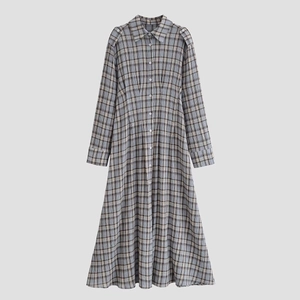 Kariertes Langarm Hemdkleid Polyester Knopfleiste Umlegekragen Vintage Midi A-Linie Für Damen
