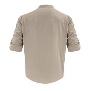Back view of khaki linen-blend shirt for men featuring a stand collar and long sleeves