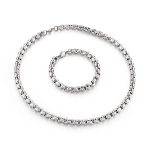 Minimalist silver stainless steel box chain necklace and bracelet jewelry set for men and women