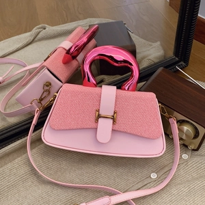 Women Fashion Contrast Color PU Leather Crossbody Bag With Metallic Handle H Buckle Patchwork Small Square Top Handle Handbag