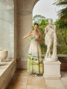 Women Elegant Maxi Dress V Neck Thin Strap Polyester Landscape Oil Painting Print Pastoral Style Vacation Banquet
