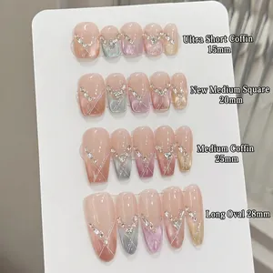 Unghie Finte Fatte A Mano Macaron Occhio Di Gatto Sfumate Eleganti French Tip Con Strass Luccicanti Per Donne