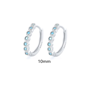 Detailed close-up of 10mm S925 sterling silver hoop earrings with blue zircon stones
