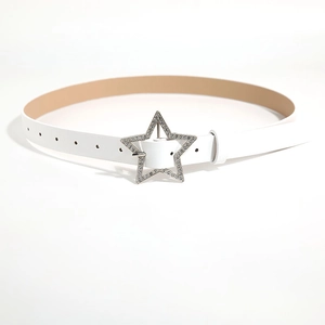 White Y2K fashion leather belt for women with silver rhinestone star buckle on white background