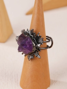 Vintage amethyst crystal cluster ring with unique gunmetal plated adjustable band