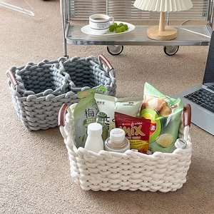 Cesti Portaoggetti Intrecciati Contenitore In Corda Di Cotone Con Manici In Pelle Organizzatore Da Scrivania Pieghevole Per Cosmetici Snack Stile Nordico