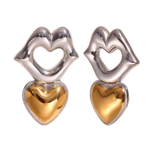 Fashionable 18K gold plated lip and heart shaped two-tone stainless steel stud earrings