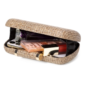 Detail showing straw woven evening clutch bag capacity with phone and cosmetics