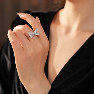 Elegant zircon bow open ring for women in silver-plated finish with luxury crystals
