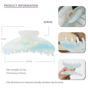 Detailed size specifications for a marble blue acrylic hair claw clip with glitter finish