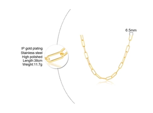 Detailed view of polished IP gold stainless steel chain necklace with size specifications