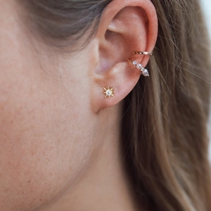 S925 silver starburst stud earrings and gold ear cuffs set with pearls and zircons