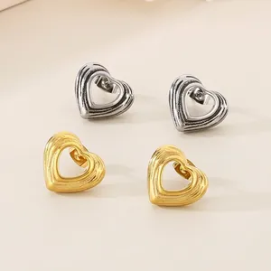 Hollow Heart Stud Earrings 18K Gold Plated Stainless Steel Textured Wavy Puffy Heart Shaped Minimalist Jewelry For Women