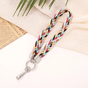 Colorful hand-woven phone strap with a silver metal clasp and ring, six-strand design