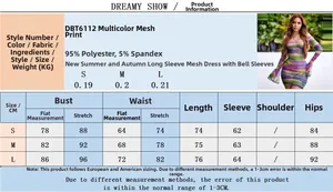 Detaillierte Größentabelle und Produktinfos für das figurbetonte Kleid aus Mesh-Gewebe