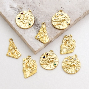 Vintage Gold Plated Copper Charms With Cubic Zirconia Retro Embossed Goddess Angel Dinosaur For DIY Jewelry Making