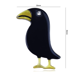 Detailed size view of black acrylic crow brooch with dimensions 30mm width and 36mm height