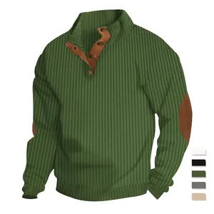 Men's quarter-button vertical ribbed sweater in dark green with brown suede patches