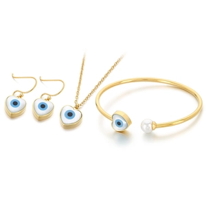 Gold-plated evil eye jewelry set with heart necklace, earrings and pearl open bracelet