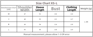 Size guide for casual loose coat showing XS to L measurements in centimeters