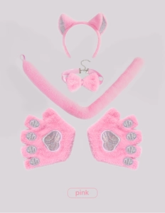 Detailed pink plush cat cosplay set with ears, bell collar, tail and paw gloves