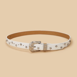 White leather belt with star studs and engraved vintage buckle in American retro style