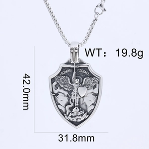Detailed view of Saint Michael shield pendant with dimensions and weight measurements