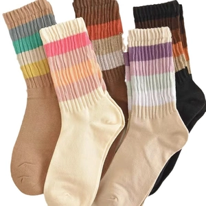 Five pack women's cotton crew socks with colorful stripes and elastic cuffs in earthy tones