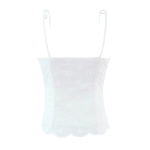 White lace camisole top for women with floral embroidery and elegant scalloped hemline