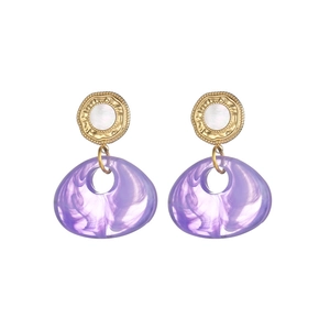 Geometric purple marble and gold titanium steel earrings in a minimalist retro design