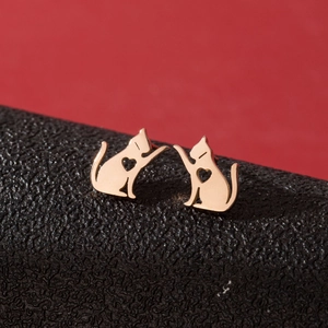 Pair of minimalist golden stainless steel cat silhouette stud earrings with hollow heart