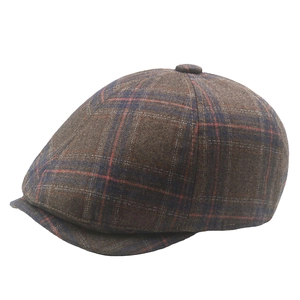 Classic brown plaid wool newsboy cap with warm fleece lining and sturdy brim detail