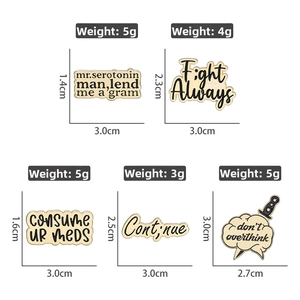 Detailed view of metal enamel quote pins with exact dimensions and weight specifications