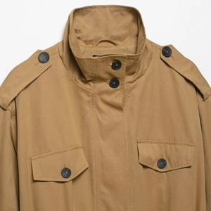 Women's khaki utility short trench coat with stand collar, epaulettes and chest pockets