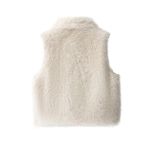 Back view of cream faux fur vest with stand collar and plush sleeveless texture
